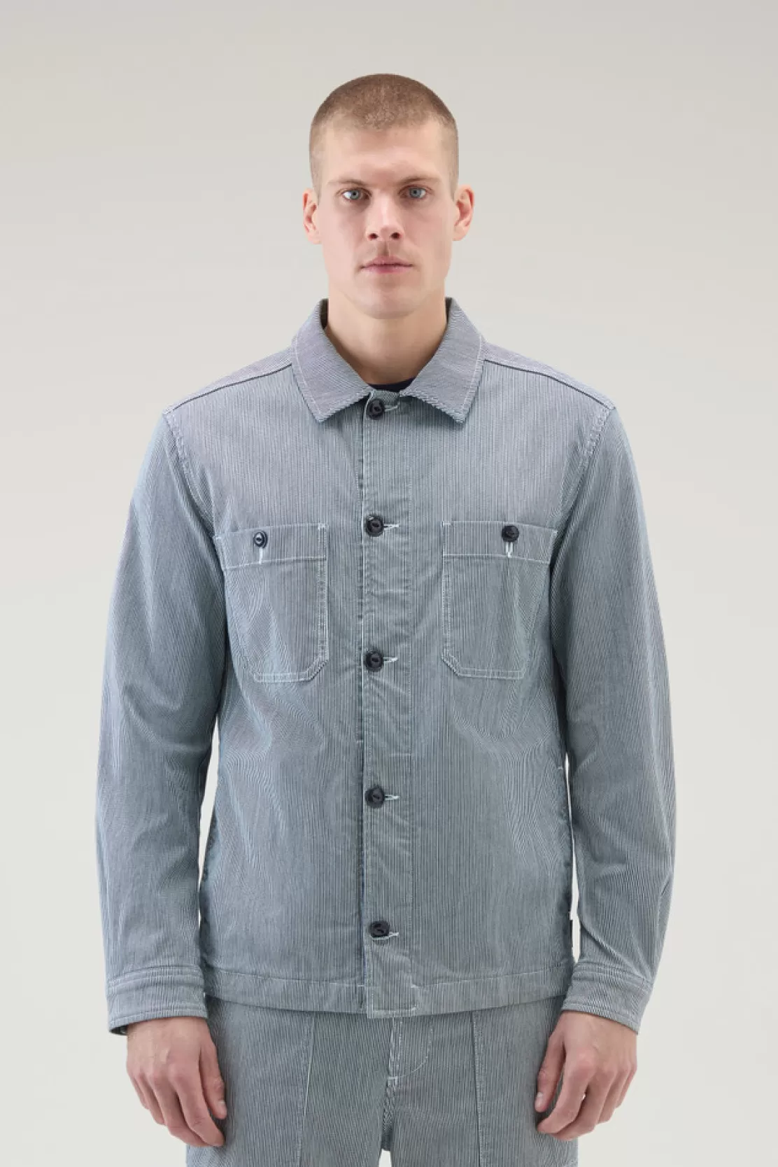 Woolrich Gestreiftes Overshirt Aus Baumwoll-Mischgewebe Blue Stripe Best Sale