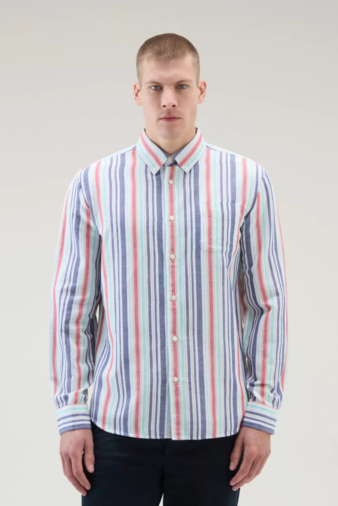 Woolrich Gestreiftes Shirt Aus Einerm Baumwoll-Leinen-Materialmix Red Stripe Online