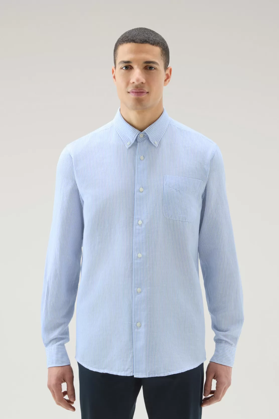 Woolrich Gestreiftes Shirt Aus Einerm Baumwoll-Leinen-Materialmix Alaskan Blue Stripe Discount