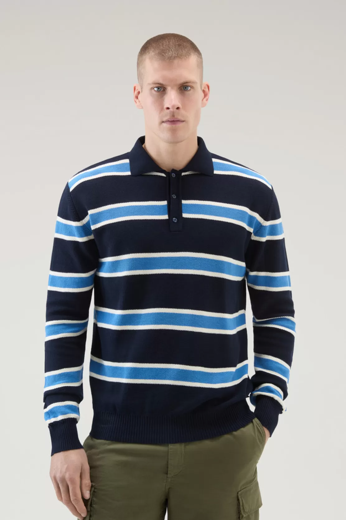 Woolrich Gestricktes Langarm-Polo Melton Blue Stripe Discount