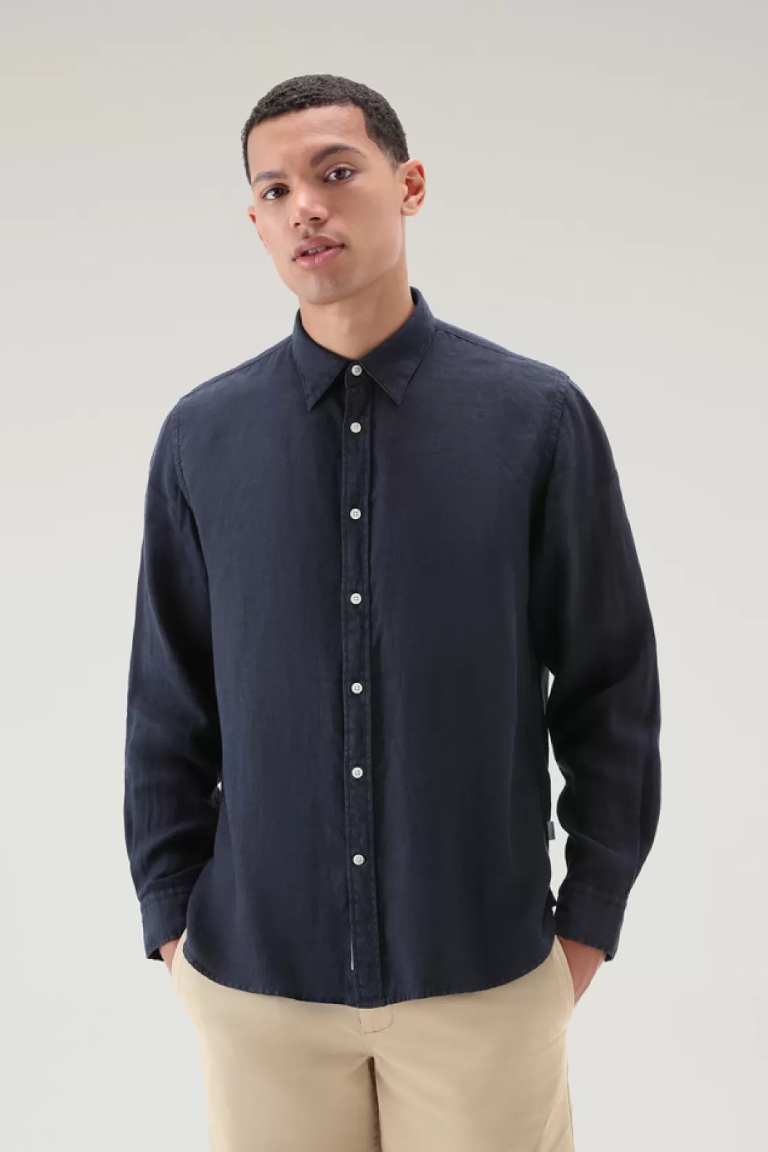 Woolrich Stückgefärbtes Shirt Aus Reinem Leinen Melton Blue Cheap