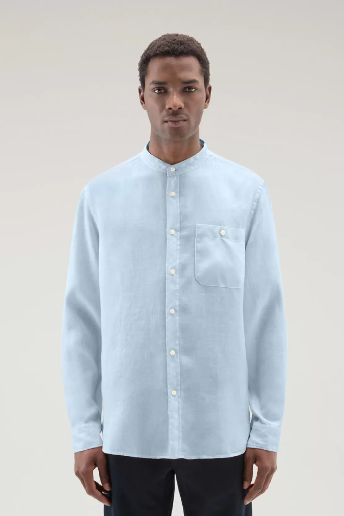 Woolrich Stückgefärbtes Shirt Aus Reinem Leinen Mit Stehkragen Pale Indigo Discount