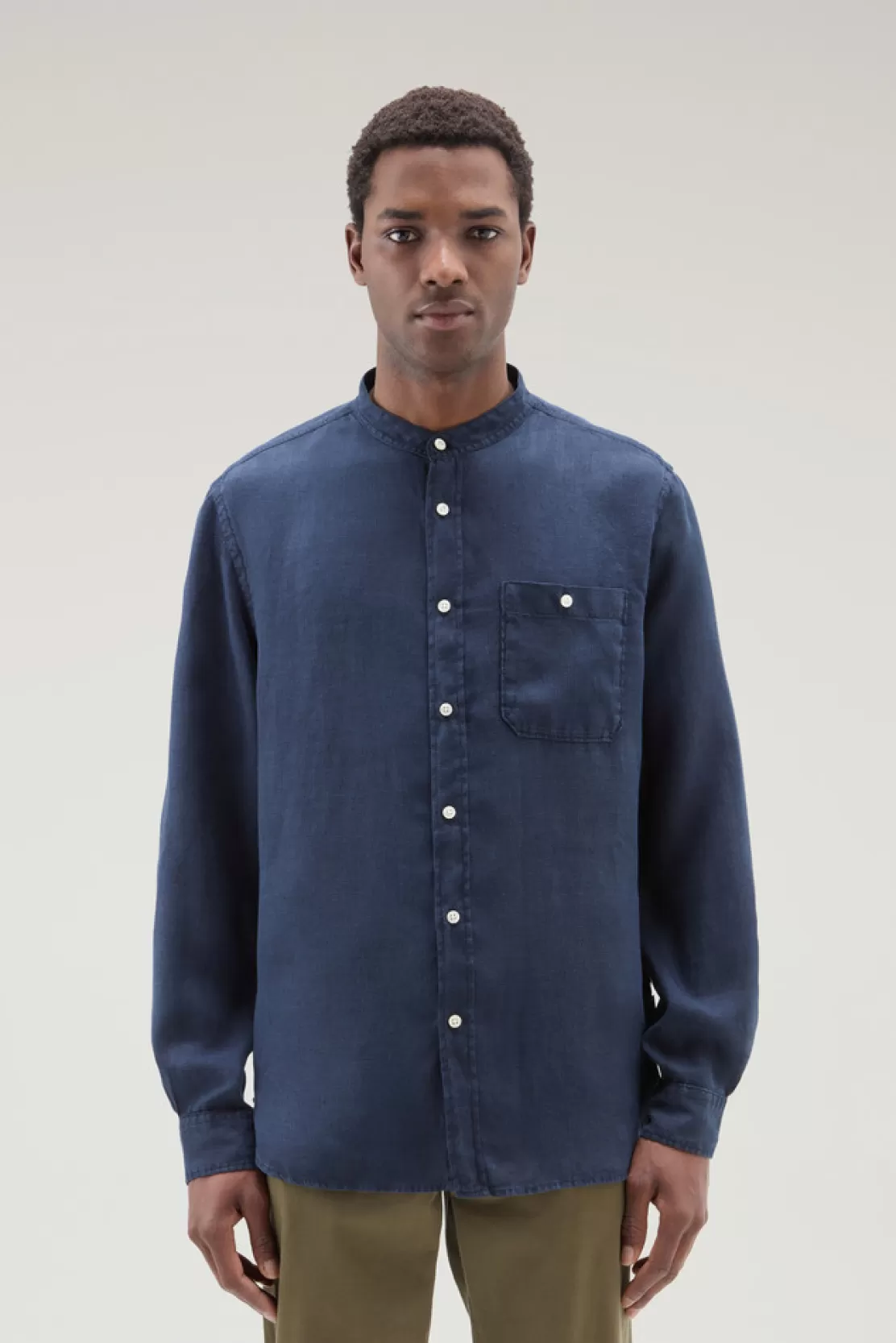 Woolrich Stückgefärbtes Shirt Aus Reinem Leinen Mit Stehkragen Melton Blue New