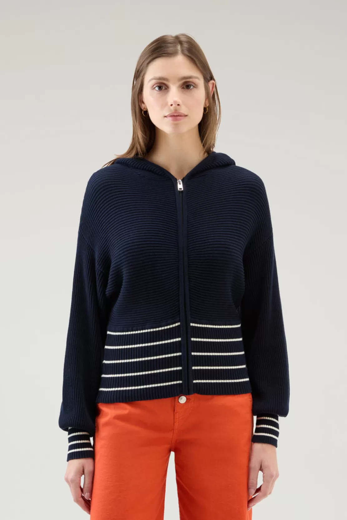 Woolrich Sweater Aus Reiner Baumwolle Mit Kapuze Und Reißverschluss Melton Blue Cream Stripe Best